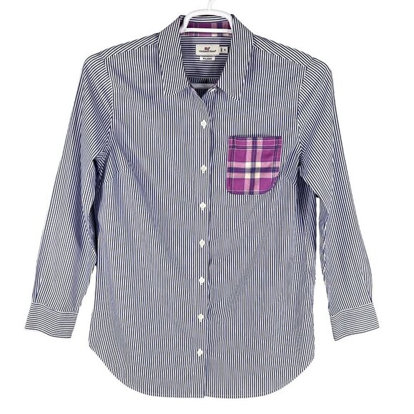 Vineyard Vines Womens 8 Relaxed Fit Purple Striped Button Up Shirt Plaid Pocket - Picture 7 of 15